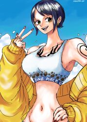  1girl armpits blue_sky breast_tattoo breasts cloud commentary copyright_name crop_top earrings english_commentary finger_tattoo genderswap genderswap_(mtf) hand_tattoo highres jacket jewelry large_breasts midriff namnam_op navel one_piece open_mouth red_nails short_hair shoulder_tattoo sky smile solo tattoo trafalgar_law twitter_username yellow_eyes yellow_jacket 