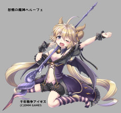 1girl ;o ahoge arm_up bat_wings belphe_(sennen_sensou_aigis) blonde_hair fang flat_chest frills full_body grey_background long_hair narumizg navel o-ring one_eye_closed polearm sennen_sensou_aigis simple_background sitting sleepy solo spear striped_clothes striped_thighhighs thighhighs twintails very_long_hair wariza weapon wings wrist_cuffs yawning