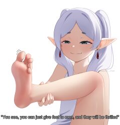  1girl absurdres barefoot body_blush english_text feet female_focus foot_focus frieren green_eyes grey_hair half-closed_eyes highres long_hair long_twintails looking_at_self maozi_dan meme motion_lines pointy_ears smile soles solo sousou_no_frieren toes twintails watermark white_hair you_can_just_give_this_kind_of_thing_to_men_and_they_will_be_thrilled_(meme)  rating:Sensitive score:216 user:ssfl