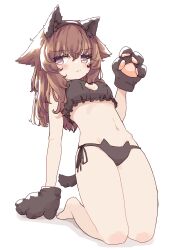  1girl absurdres animal_ears animal_hands aoi_tori averting_eyes bare_legs barefoot blush blush_stickers bra breasts brown_bra brown_eyes brown_hair brown_panties cat_cutout cat_ear_panties cat_lingerie cleavage_cutout closed_mouth clothing_cutout commentary fake_animal_ears gloves hand_on_ground hand_up highres kneeling leaning_back long_hair meme_attire navel original panties paw_gloves raika-chan_(aoi_tori) side-tie_panties sidelocks simple_background solo stomach tail underwear underwear_only white_background 
