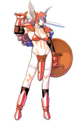  1girl armor bikini_armor boots breasts commentary dragon_quest dragon_quest_iii full_body gloves helmet holding holding_shield holding_sword holding_weapon long_hair looking_to_the_side medium_breasts navel purple_hair red_armor shield simple_background smile soldier_(dq3) solo sword takasugi_kou weapon white_background winged_helmet 