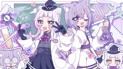  2girls :d ;d aeruusa alternate_costume animal_ear_fluff animal_ears belt belt_collar black_belt black_collar blue_gloves blue_hat blue_skirt blush border buttons cat_ears cat_girl cat_tail chibi chibi_inset coat coke-bottle_glasses collar collared_shirt commentary_request cowboy_shot crossed_bangs deformed dot_nose double-breasted double-parted_bangs erlenmeyer_flask eyelashes flask food glasses gloves grey_hair grey_shirt hair_between_eyes hand_on_own_chin hand_up hands_up happy_birthday hat heart high-waist_skirt holding holding_wand hololive index_finger_raised lab_coat lapels liquid long_bangs looking_at_viewer medium_hair mini_hat mini_witch_hat multiple_girls murasaki_shion name_tag neck_ribbon neckerchief nekomata_okayu notched_lapels one_eye_closed onigiri opaque_glasses open_clothes open_coat open_mouth outline outside_border pleated_skirt pocket puckered_lips purple_border purple_eyes purple_hair purple_ribbon purple_shirt ribbon round_eyewear ruler scissors set_square shirt short_eyebrows shorts side-by-side skirt smile smoke stroking_own_chin tail teeth translated underbust upper_teeth_only vial virtual_youtuber w wand white_coat white_neckerchief white_outline white_shorts witch_hat yellow_eyes 