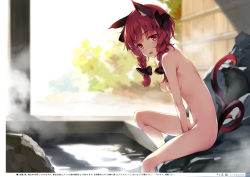 1girl absurdres animal_ears bath between_legs black_bow black_ribbon bow braid breasts bush cat_ears cat_tail completely_nude day dripping fang foliage from_side groin hair_bow hair_ribbon hand_between_legs highres kaenbyou_rin ke-ta knee_up looking_at_viewer medium_breasts medium_hair multiple_tails navel nipples non-web_source nude onsen open_mouth outdoors red_eyes red_hair ribbon rock short_hair sitting small_breasts smile soaking_feet solo steam tail thighs touhou translated tree tress_ribbon twin_braids two_tails water wet rating:Questionable score:92 user:danbooru