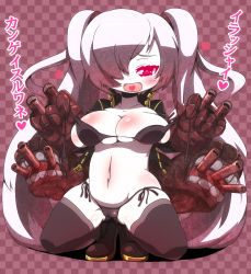  10s 1girl bikini blush breasts cannon checkered_background colored_skin curvy gauntlets glowing glowing_eyes heart heart_in_mouth highres jacket kantai_collection large_breasts long_hair nanpouseiki naughty_face red_eyes solo swimsuit teeth thighhighs translation_request twintails very_long_hair weapon white_hair white_skin  rating:Questionable score:8 user:-Z-