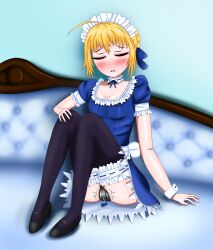 1girl absurdres artoria_pendragon_(all) artoria_pendragon_(fate) bed bed_frame black_footwear blonde_hair blue_dress blush breasts chastity_belt closed_eyes dress fate/stay_night fate_(series) highres knees_up maid maid_headdress mary_janes medium_breasts non-web_source pussy_juice saber_(fate) shoes short_hair short_sleeves sitting snowwart tagme