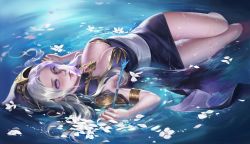 1girl a_(artist) armlet armor arrow_(projectile) ashe_(league_of_legends) bad_id bad_pixiv_id black_dress breasts cleavage dress flower gem highres hood lace large_breasts league_of_legends lips long_hair lying on_back partially_submerged petals purple_eyes realistic sash shoulder_armor solo water wet white_hair 