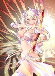 1girl aiming armlet armor arrow_(projectile) bare_shoulders bikini_armor blonde_hair bow_(weapon) breasts cleavage closed_mouth commentary_request cowboy_shot elbow_gloves elf gloves hair_between_eyes headgear holding holding_arrow holding_bow_(weapon) holding_weapon kirishima_satoshi large_breasts long_hair looking_at_viewer midriff navel original partially_fingerless_gloves pointy_ears purple_eyes revealing_clothes sidelocks skindentation solo standing thighhighs very_long_hair waist_cape weapon white_armor white_gloves white_thighhighs rating:Sensitive score:22 user:danbooru