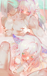  1boy 1girl absurdres age_difference animal_ear_fluff animal_ears arknights armpit_crease blush cat_ears cat_girl censored clenched_teeth completely_nude fellatio flat_chest from_above green_eyes hair_between_eyes half-closed_eyes handjob heart hetero highres indoors large_penis licking licking_another&#039;s_neck licking_penis loli long_bangs long_hair looking_at_viewer looking_up messy_hair mosaic_censoring naughty_face nipple_stimulation nipples nude older_man_and_younger_girl oral paid_reward_available penis pov rosmontis_(arknights) shiny_skin showering sitting size_difference smug teeth towel towel_on_head variant_set very_long_hair villainchin wet 