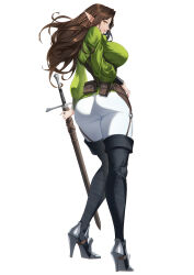  1girl armored_shoes ass belt_pouch black_corset black_footwear black_wrist_cuffs blueorca boots breasts brown_hair commentary corset elf english_commentary floating_hair from_behind full_body green_hair green_shirt hand_on_own_hip high_heels highres holding holding_sword holding_weapon large_breasts long_hair looking_at_viewer looking_back mole mole_under_mouth o-ring_strap original pants parted_lips pointy_ears pouch sheath sheathed shirt simple_background solo sword thigh_boots weapon white_background white_pants wrist_cuffs 