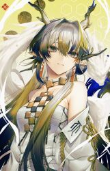  1girl arknights bare_shoulders blonde_hair blue_eyes blue_hair breasts closed_mouth commentary cube dragon_girl dragon_horns eastern_dragon_horns eyelashes eyeshadow gradient_hair grey_hair hair_between_eyes hair_intakes hanafuda_earrings hashtag-only_commentary highres horns jacket jewelry light_smile long_hair looking_at_viewer makeup medium_breasts multicolored_hair necklace off_shoulder open_clothes open_jacket pants pointy_ears red_eyeshadow senju_yosiyuki shu_(arknights) slit_pupils solo strapless tube_top upper_body white_jacket white_pants white_tube_top 