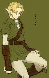 1boy against_wall bad_id bad_pixiv_id belt brown_gloves clothes_pull elbow_gloves gloves green_background leg_up link looking_at_viewer male_focus nintendo pantyhose pantyhose_pull pointy_ears short_hair simple_background solo standing the_legend_of_zelda the_legend_of_zelda:_ocarina_of_time tobacco_(tabakokobata) tunic rating:Sensitive score:11 user:danbooru