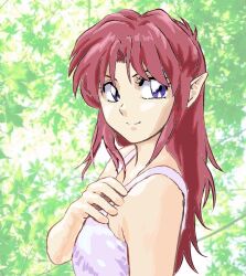 1990s_(style) 1girl azalyn_(musekinin_kanchou_tylor) bare_shoulders camisole closed_mouth hand_on_own_chest hand_up long_hair mizumori_keiichi musekinin_kanchou_tylor pointy_ears purple_eyes red_hair retro_artstyle smile solo split_mouth upper_body white_camisole 