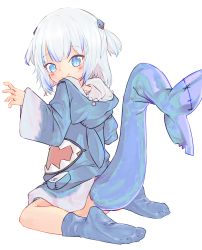  1girl blue_eyes blue_socks blush chaosexceed dot_nose feet fins fish_tail from_behind gawr_gura gawr_gura_(1st_costume) hair_ornament hairclip highres hololive hololive_english hood hoodie long_sleeves looking_at_viewer multicolored_hair no_panties shark_girl shark_tail sitting smile socks tail twintails virtual_youtuber white_hair  rating:Sensitive score:32 user:MagicGary