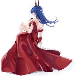  1girl arknights backless_dress backless_outfit bare_shoulders blue_hair ch&#039;en_(arknights) commentary dragon_horns dress hand_up highres horns knee_up lily0428 long_hair off-shoulder_dress off_shoulder red_dress short_sleeves simple_background sitting solo white_background 