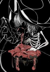  1girl absurdres black_background black_bow blood_drip bow buttons cat_tail collared_shirt commentary_request diamond_button diao_ye_zong eating faceless faceless_female flanvia frilled_shirt_collar frilled_sleeves frills grey_bow guro hat highres intestines komeiji_koishi long_sleeves medium_hair monochrome revealing_layer shirt simple_background skeleton solo spot_color tail third_eye touhou upper_body wide_brim wide_sleeves 
