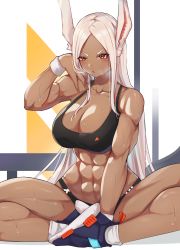  1girl abs absurdres animal_ears bare_arms bare_shoulders blonde_hair blue_footwear boku_no_hero_academia breasts cleavage collarbone commentary_request cromwellb dark-skinned_female dark_skin hand_on_own_shoulder hand_up highres indian_style large_breasts long_hair looking_at_viewer mirko muscular muscular_female parted_bangs ponytail rabbit_ears rabbit_girl shoes sitting socks solo sports_bra stomach sweat thighs white_socks  rating:Sensitive score:111 user:danbooru
