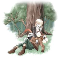 1boy 1girl against_tree armor blonde_hair boots breastplate brown_hair cecile_(suikoden) closed_eyes coat couple feathers forest gauntlets gensou_suikoden gensou_suikoden_iii helmet hetero kazune lap_pillow lying nature outdoors sleeping smile thomas_(suikoden) tree twintails unworn_headwear