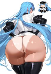  1girl akame_ga_kill! ass ass_focus blue_eyes blue_hair chibi curvy esdeath female_focus from_behind highres huge_ass long_hair looking_at_viewer looking_back nenelulucy simple_background tan tanline thighhighs very_long_hair wide_hips  rating:Questionable score:132 user:SadSap