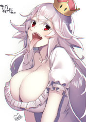 1girl artist_name blush breasts cleavage collarbone commentary_request dress frilled_dress frilled_sleeves frills hair_between_eyes highres large_breasts long_hair long_tongue looking_at_viewer luigi&#039;s_mansion mario_(series) new_super_mario_bros._u_deluxe nintendo open_mouth princess_king_boo puffy_short_sleeves puffy_sleeves red_eyes revision sharp_teeth short_sleeves simple_background solo super_crown teeth tilted_headwear tongue tongue_out upper_body very_long_hair white_background white_dress white_hair yamacchi rating:Sensitive score:29 user:danbooru