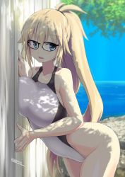 against_wall artist_name bare_shoulders blonde_hair blue_eyes breast_press breasts commentary competition_swimsuit cowboy_shot day fate/grand_order fate_(series) glasses hand_on_wall highres hip_focus jeanne_d&#039;arc_(fate) jeanne_d&#039;arc_(ruler)_(fate) jeanne_d&#039;arc_(swimsuit_archer)_(fate) jeanne_d&#039;arc_(swimsuit_archer)_(second_ascension)_(fate) large_breasts leaning leaning_to_the_side long_hair ocean one-piece_swimsuit ponytail shade shadow solo swimsuit thighs tokihama_jirou tree tree_shade wall white_one-piece_swimsuit wooden_wall rating:Sensitive score:19 user:danbooru