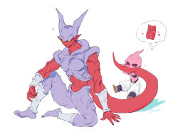  2boys akame_(chokydaum) biting biting_another&#039;s_tail black_sclera closed_mouth colored_sclera colored_skin dragon_ball dragonball_z fingernails floating_hair gummy_bear highres horns janemba kid_buu looking_at_another majin_buu multiple_boys muscular muscular_male pink_skin pointy_ears red_skin sharp_fingernails sitting tail tail_biting thought_bubble yellow_sclera  rating:General score:1 user:danbooru