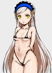 1girl atlus awesomeerix bikini blue_hairband breasts female_focus hairband highres lavenza_(persona_5) long_hair micro_bikini persona persona_5 sega small_breasts solo swimsuit very_long_hair white_hair yellow_eyes rating:Questionable score:212 user:catonfire26