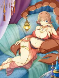  1girl animal anklet arabian_clothes armlet barefoot bikini blue_eyes blue_gemstone blush bottle bracelet bracer breasts brooch brown_hair choker circlet claws cleavage couch detached_sleeves floral_print gem gold gold_choker gold_trim harem_outfit highres jewelry kurohoro_(senran_kagura) lantern large_breasts linea_alba looking_at_viewer middle_eastern_architecture midriff navel neck_ring official_art on_couch one_eye_closed oversized_animal pendant pendant_choker perfume_bottle pincers pink_gemstone red_bikini red_gemstone revealing_clothes ring scorpio_(zodiac) scorpion scorpion_tail senran_kagura senran_kagura_new_wave shiny_skin smile solo stinger stomach swimsuit tail tassel thigh_strap thighlet yaegashi_nan zodiac 