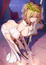 1girl ass back bare_shoulders bent_over blonde_hair blush boots breasts butt_crack fate_(series) gloves green_eyes highres langya_beike leaning_forward looking_at_viewer medium_breasts nero_claudius_(bride)_(fate) nero_claudius_(bride)_(third_ascension)_(fate) nero_claudius_(fate) nero_claudius_(fate)_(all) sideboob smile solo standing sword thigh_boots thighhighs weapon white_gloves rating:Sensitive score:108 user:danbooru