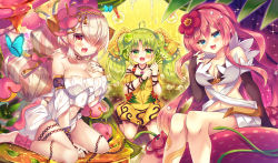  3girls :d ahoge animal arm_support bare_shoulders barefoot between_legs blue_eyes breasts bridal_gauntlets brown_hair bug butterfly chain cleavage commentary_request dress duel_monster green_eyes green_hair hair_over_one_eye hand_between_legs hand_up hands_up highres holding insect large_breasts long_hair multiple_girls navel off-shoulder_dress off_shoulder open_mouth pink_hair red_eyes smile suzunone_rena traptrix_pinguicula traptrix_rafflesia traptrix_sera twintails very_long_hair white_dress yellow_dress yu-gi-oh!  rating:Sensitive score:21 user:danbooru