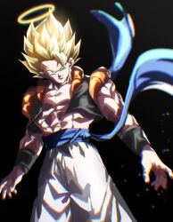  1boy alternate_form alternate_universe black_background black_vest black_wristband blonde_hair blue_sash blurry blurry_background blurry_foreground closed_mouth cowboy_shot cropped_vest dragon_ball dragonball_z earrings gogeta green_eyes halo highres jewelry looking_at_viewer male_focus metamoran_vest muscular muscular_male pants sash serious single_earring solo spiked_hair super_saiyan tkht_9315 vest white_pants yellow_halo 