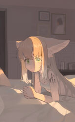  1girl absurdres alternate_costume alternate_hairstyle animal_ear_fluff animal_ears arknights bed_sheet blonde_hair bra cat-quest-sun flat_chest fox_ears fox_girl green_eyes grey_bra hair_down highres indoors loli long_hair looking_at_viewer lying material_growth multicolored_hair on_bed on_stomach oripathy_lesion_(arknights) own_hands_together pillow solo suzuran_(arknights) training_bra underwear white_hair 