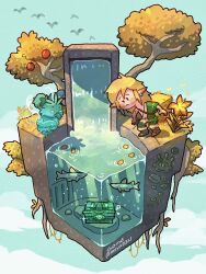  1boy ancient_set_(zelda) artist_name blonde_hair blush_stickers cross-section fish gladiator_sandals highres isometric link long_hair looking_down male_focus mxyx0321 nintendo rito sandals the_legend_of_zelda the_legend_of_zelda:_tears_of_the_kingdom treasure_chest tree underwater water waterfall 