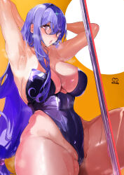  1girl absurdres armpits arms_behind_head arms_up breasts cleavage glasses highres large_breasts leotard long_hair looking_at_viewer mi35tututu original playboy_bunny pole puckered_lips purple_eyes signature sweat very_long_hair 