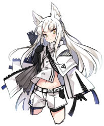  1girl animal_ear_fluff animal_ears arknights black_gloves blush closed_mouth comma cowboy_shot cropped_legs gloves hayakawa_harui head_tilt jacket long_hair long_sleeves looking_at_viewer platinum_(arknights) short_shorts shorts simple_background sleeves_past_wrists solo very_long_hair white_background white_hair white_jacket white_shorts wide_sleeves yellow_eyes 