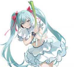  1girl aqua_eyes aqua_hair commentary cowboy_shot cropped_shirt food hair_ribbon hatsune_miku headset highres holding holding_food holding_spring_onion holding_vegetable kuza_brs long_hair looking_at_viewer midriff navel parted_lips red_ribbon ribbon shirt short_sleeves simple_background skirt smile solo spring_onion twintails vegetable very_long_hair vocaloid white_background white_shirt white_skirt 