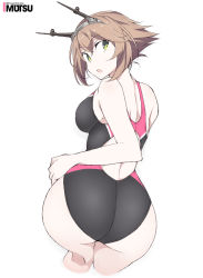 1girl alternate_costume ass ass_focus back bent_over black_one-piece_swimsuit breasts brown_hair butt_crack competition_swimsuit flipped_hair green_eyes hairband headgear kantai_collection large_breasts looking_at_viewer looking_back multicolored_clothes multicolored_swimsuit mutsu_(kancolle) one-piece_swimsuit pink_one-piece_swimsuit radio_antenna shigino_sohuzi short_hair solo swimsuit white_background rating:Sensitive score:24 user:danbooru