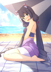  1girl animal_ear_fluff animal_ears bare_shoulders barefoot beach beach_umbrella bikini bikini_under_clothes black_bikini black_hair blush bow breasts cat_ears chahei commentary day green_eyes hair_bow head_tilt highres horizon jacket karyl_(princess_connect!) karyl_(summer)_(princess_connect!) long_hair looking_at_viewer looking_to_the_side low_twintails nose_blush ocean off_shoulder open_mouth outdoors princess_connect! purple_bow purple_jacket ringlets sand sitting small_breasts solo swimsuit symbol-only_commentary twintails umbrella very_long_hair wariza water wavy_mouth  rating:Sensitive score:10 user:danbooru