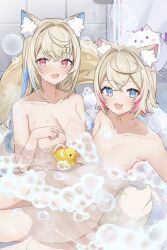  2girls :d angeldu animal_ear_fluff bathtub blonde_hair blue_hair blush breasts cleavage colored_inner_animal_ears commentary convenient_censoring dog_tail english_commentary fang flat_chest fuwawa_abyssgard hand_up highres hololive hololive_english large_breasts long_hair looking_at_viewer mococo_abyssgard multicolored_hair multiple_girls no_nipples nude open_mouth partially_submerged perroccino_(fuwamoco) pink_eyes pink_hair revision rubber_duck same-sex_bathing shared_bathing short_hair siblings sisters skin_fang smile soap_bubbles streaked_hair tail thighs twins variant_set virtual_youtuber wet 