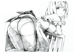  1girl alice_margatroid ass bad_id bad_pixiv_id bent_over capelet chair crotch_seam feet female_focus graphite_(medium) greyscale looking_back monochrome panties panties_under_pantyhose pantyhose pantyshot sharekoube short_hair sketch solo thighhighs touhou traditional_media underwear upskirt  rating:Questionable score:35 user:danbooru