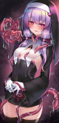 1girl absurdres breasts commentary_request cowboy_shot gloves habit hair_between_eyes highres kutan looking_at_viewer nun pubic_tattoo purple_hair slime_(substance) small_breasts solo tattoo tentacles thighhighs voiceroid yuzuki_yukari rating:Explicit score:108 user:danbooru