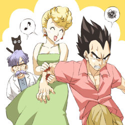  1girl 2boys ^_^ animal animal_on_head annoyed arm_grab bikini_(dragon_ball) black_hair blonde_hair breasts cat cigarette cleavage clenched_teeth closed_eyes collared_shirt dr._brief_(dragon_ball) dr._briefs dragon_ball dragonball_z dress dress_shirt earrings closed_eyes facial_hair glasses green_dress happy husband_and_wife jewelry lab_coat long_hair looking_at_another lowres medium_breasts mature_female multiple_boys musical_note mustache nail_polish on_head open_mouth panchy pants purple_hair red_nails shirt short_hair sleeveless sleeveless_dress smile smoking spoken_musical_note spoken_squiggle squiggle sweatdrop tama_(dragon_ball) teeth vegeta widow&#039;s_peak yorozu 