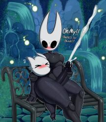  bug cum ejaculation erection hollow_knight hornet_(hollow_knight) jerking_off_another mehdrawings penis_between sitting sitting_on_person thick_thighs thighs 