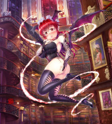  1girl alternate_costume ass bare_shoulders bat_wings black_panties black_thighhighs blush breasts bridal_gauntlets cloud cloudy_sky corset covering_privates covering_breasts demon_girl detached_sleeves elbow_gloves female_focus gloves hand_on_own_ass head_wings high_heels highres koakuma large_breasts library lingerie lips lipstick long_hair looking_at_viewer makeup moon muchousha off_shoulder open_mouth panties parted_lips pointy_ears red_eyes red_hair red_moon side-tie_panties sky solo thighhighs touhou underwear voile wings  rating:Questionable score:8 user:danbooru