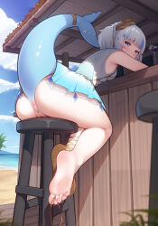  1girl absurdres ai-assisted anus ass ass_focus bar_stool barefoot beach beach_house blue_eyes blue_hair blue_sky breasts cleft_of_venus cloud cocktail_glass commentary commission cup dress drinking_glass english_commentary feet female_focus fins fish_tail full_body gawr_gura gawr_gura_(party_dress) gladiator_sandals gradient_dress greco-roman_clothes grey_hair highres hololive hololive_english horizon jewel_under_eye laurel_crown leaning_forward loli looking_at_viewer merrytail multicolored_hair no_panties ocean official_alternate_costume outdoors pussy sandals shark_girl shark_tail shoes single_barefoot single_sandal single_shoe sitting sky small_breasts soles solo stool streaked_hair tail tail_raised thighs toes toga uncensored virtual_youtuber water white_dress  rating:Explicit score:712 user:danbooru