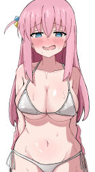  1girl absurdres bikini blue_eyes blush bocchi_the_rock! breasts cleavage embarrassed gotoh_hitori highres large_breasts long_hair navel open_mouth pink_hair shigureni simple_background smile solo standing sweat sweatdrop swimsuit white_background 
