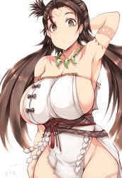 1girl arm_behind_head arm_up armpits bare_shoulders body_markings breasts brown_eyes brown_hair closed_mouth dress facial_mark fate/grand_order fate_(series) forehead forehead_mark highres himiko_(fate) himiko_(first_ascension)_(fate) huge_breasts jewelry long_hair looking_at_viewer magatama magatama_necklace necklace no_bra no_panties sash side_slit sideboob simple_background topknot tsukasawa_takamatsu twintails white_background white_dress rating:Sensitive score:71 user:danbooru