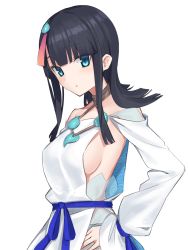 1girl bare_shoulders black_hair blue_eyes blue_ribbon blush breasts collarbone dress elfenlied22 fate/grand_order fate/requiem fate_(series) highres jewelry large_breasts long_sleeves looking_at_viewer magatama magatama_hair_ornament medium_hair multicolored_hair necklace pelvic_curtain pink_hair puffy_long_sleeves puffy_sleeves ribbon short_dress sideboob sideless_outfit streaked_hair thighs utsumi_erice white_dress rating:Sensitive score:10 user:danbooru