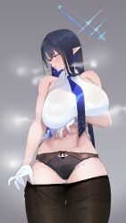  1girl absurdres arm_under_breasts bare_shoulders black_hair black_panties black_pantyhose blue_archive blue_halo blue_necktie breast_hold breasts clothes_lift clothes_pull collared_dress colored_inner_hair cowboy_shot dress dress_lift glasses gloves grey_background halo highres kasumi_saika large_breasts lifted_by_self long_hair looking_to_the_side multicolored_hair navel necktie panties pantyhose pantyhose_pull pointy_ears pulled_by_self pussy_juice rimless_eyewear rin_(blue_archive) sleeveless sleeveless_dress steaming_body sweat underwear white_dress white_gloves  rating:Questionable score:9 user:danbooru