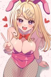  1girl :d absurdres ahoge akamatsu_kaede animal_ear_hairband animal_ears bare_shoulders blonde_hair blush breasts card cleavage covered_navel danganronpa_(series) danganronpa_v3:_killing_harmony fake_animal_ears fishnet_pantyhose fishnets fortissimo hair_ornament hairband hand_up heart highres large_breasts leotard long_hair looking_at_viewer looking_up musical_note musical_note_hair_ornament official_alternate_costume open_mouth pantyhose pink_eyes pink_hairband pink_leotard playboy_bunny rabbit_ear_hairband rabbit_ears sitting smile solo strapless strapless_leotard urami0310 v 