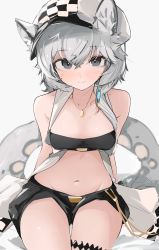  1girl animal_ears arknights bandeau black_bandeau black_shorts breasts cliffheart_(arknights) cowboy_shot crossed_bangs grey_eyes grey_hair groin hair_between_eyes hat highres jewelry leopard_ears leopard_girl leopard_tail light_blush looking_at_viewer mikozin navel necklace short_hair short_shorts shorts simple_background sitting small_breasts smile solo tail thigh_strap thighs white_background white_hat  rating:Sensitive score:30 user:danbooru